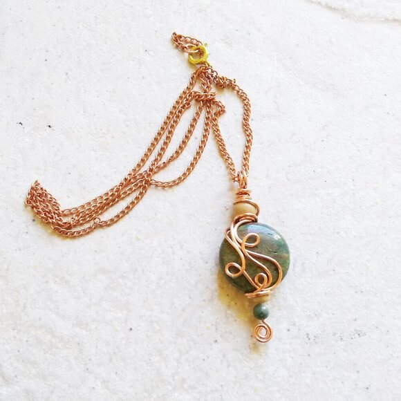 Hand Crafted Jewelry - Unique! Handmade Stacked Green Jasper Pendant - Copper Wire Wrap Design + Chain